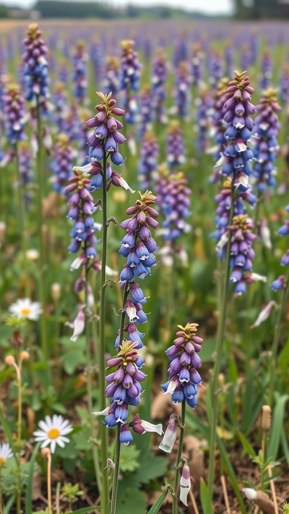 A field of blooming Larkspur flowers with tall purple stems and daisies in the foreground.