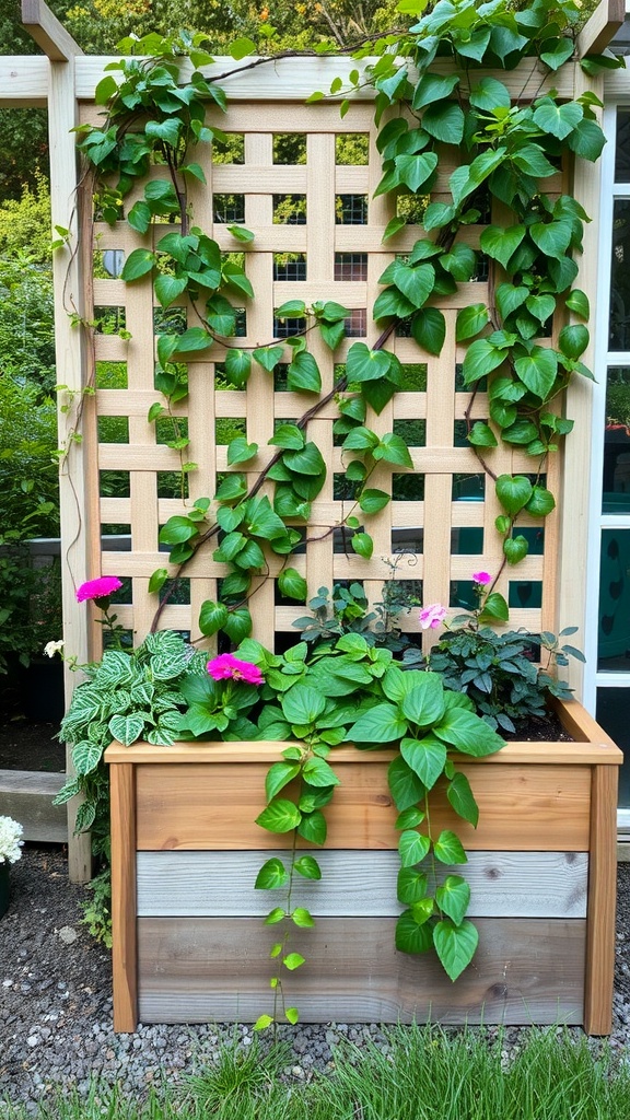 A wooden lattice-backed planter filled with green plants and flowers, adding charm to an outdoor space.