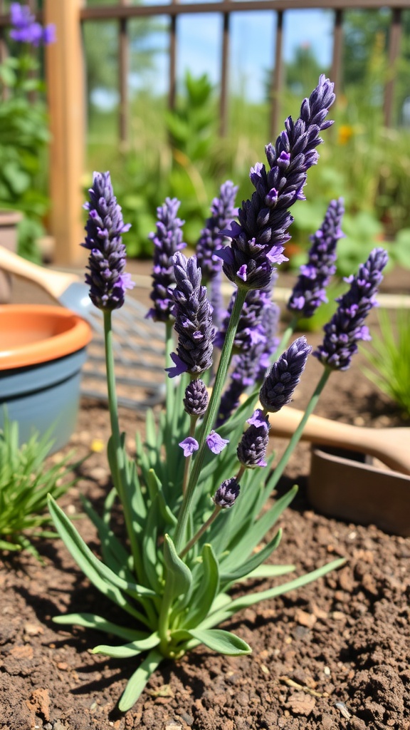 A healthy lavender plant with vibrant purple flowers and green leaves in a garden setting.