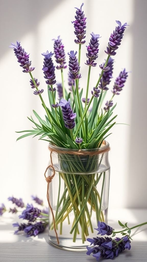 A jar filled with lavender stems and flowers, surrounded by loose lavender.