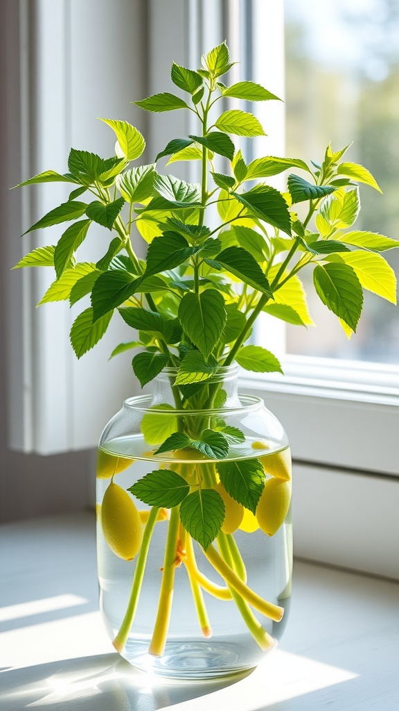 A lemon balm plant with bright green leaves in a clear vase filled with water, sitting by a window