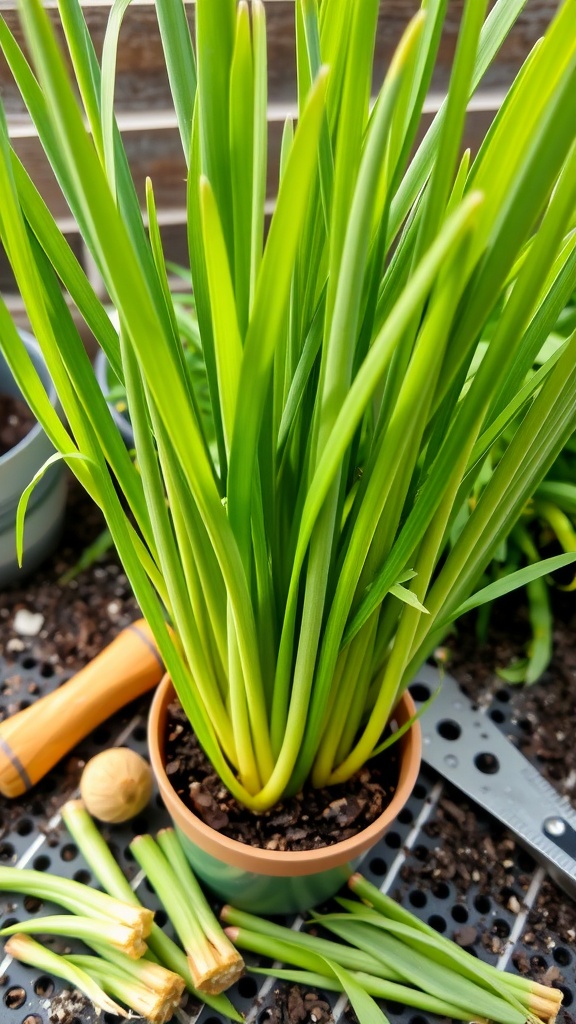 Vibrant green lemongrass in a pot with cuttings nearby.