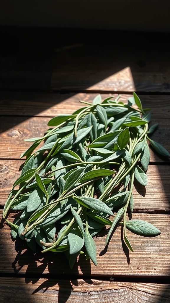 Fresh sage cuttings drying on a wooden surface.