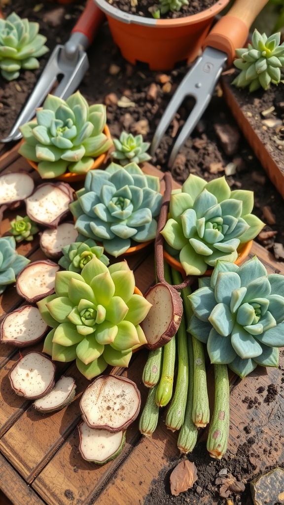 Succulent cuttings arranged on a wooden surface with gardening tools and pots