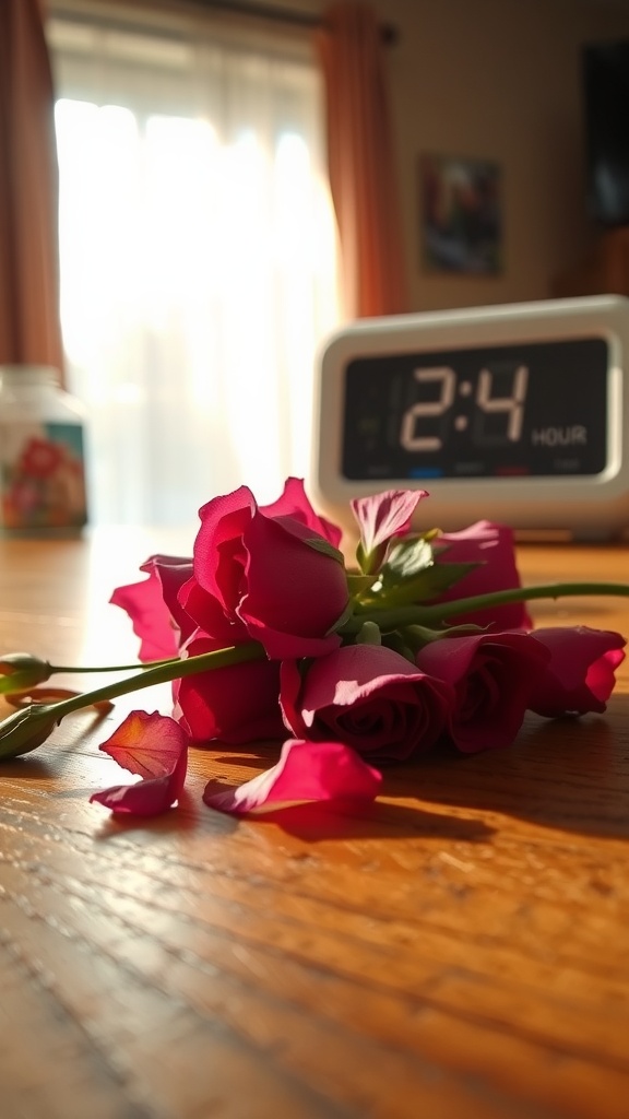Freshly cut pink roses on a table with a timer showing 2:4 hours.
