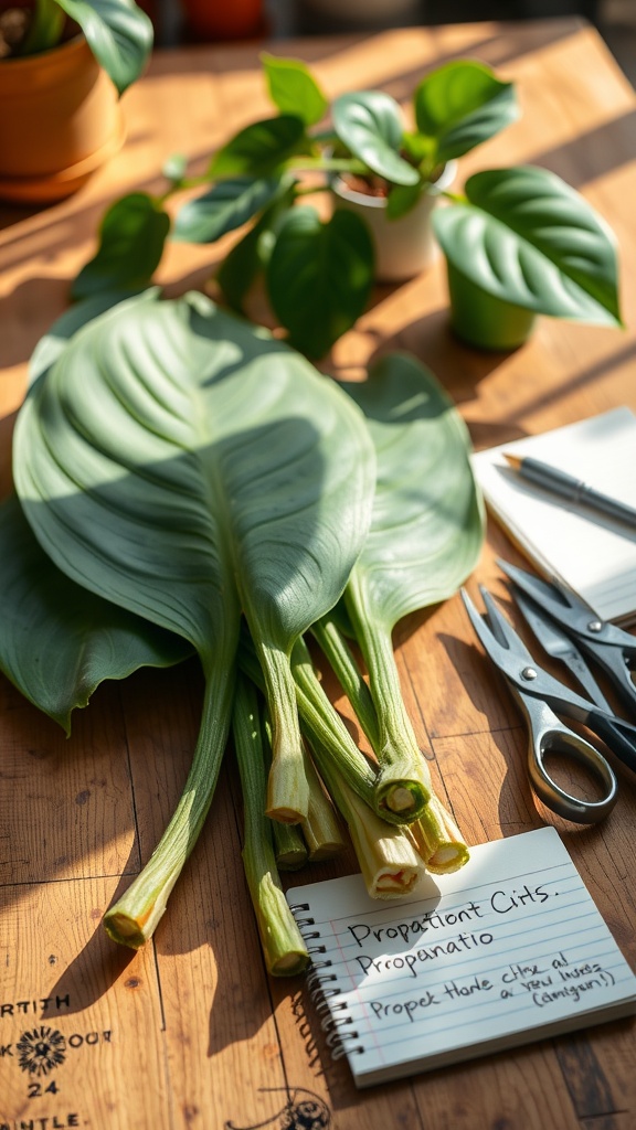 Monstera cuttings on a wooden surface with scissors and a notepad