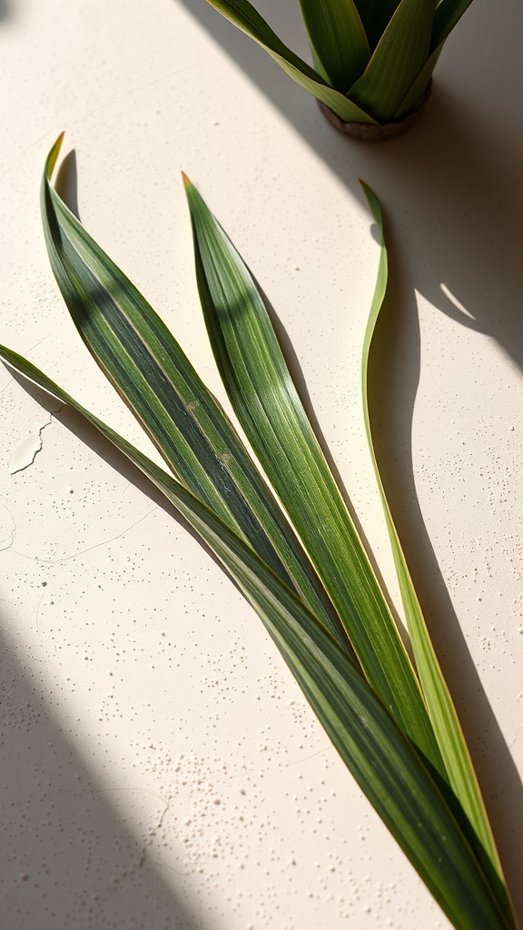 Two snake plant leaves drying on a light surface with a potted snake plant nearby