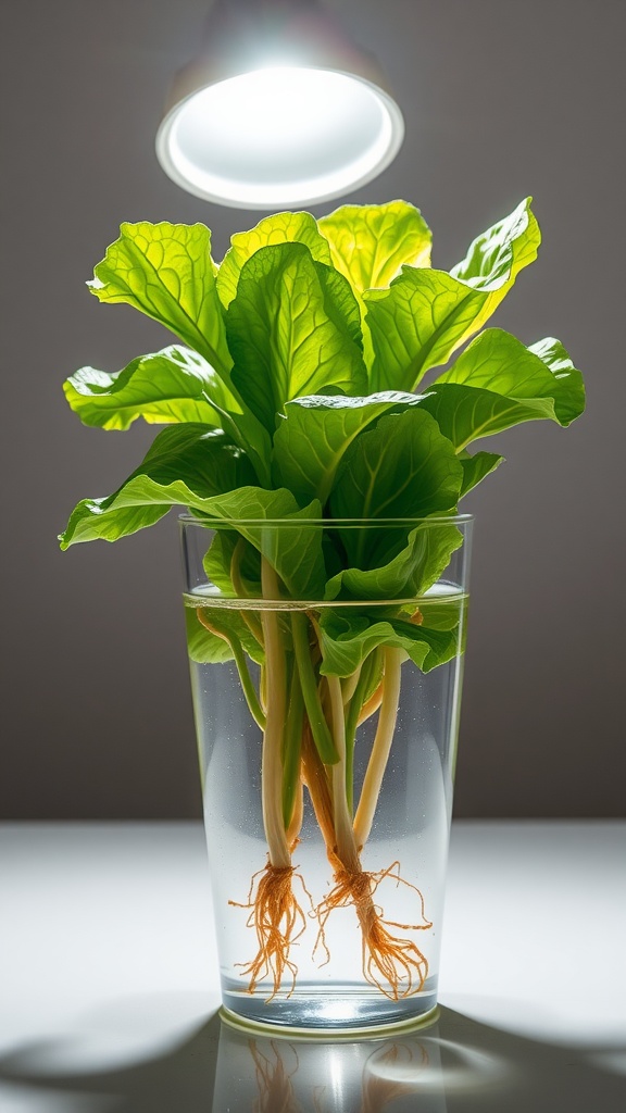 A vibrant lettuce plant with roots in a glass of water, illuminated by a light above.