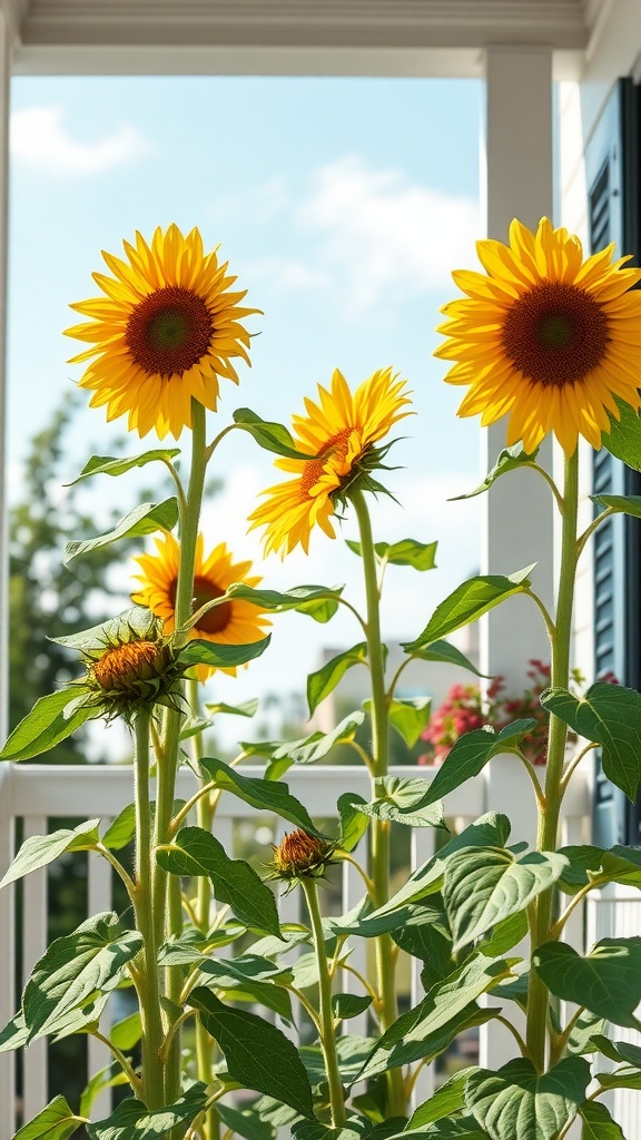 A group of tall sunflowers in full bloom on a porch