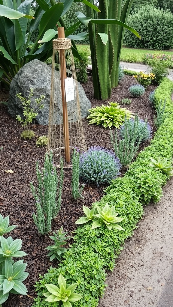 A garden featuring living plant borders with various plants, including lavender and hostas, creating a natural and vibrant edge.