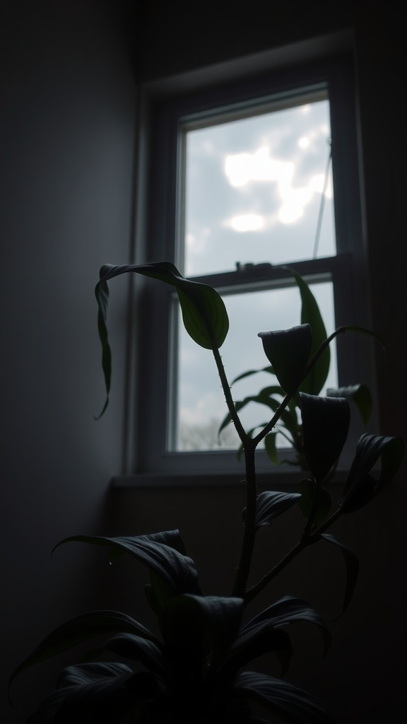 A snake plant leaning towards a window, showing signs of low light conditions with drooping leaves.