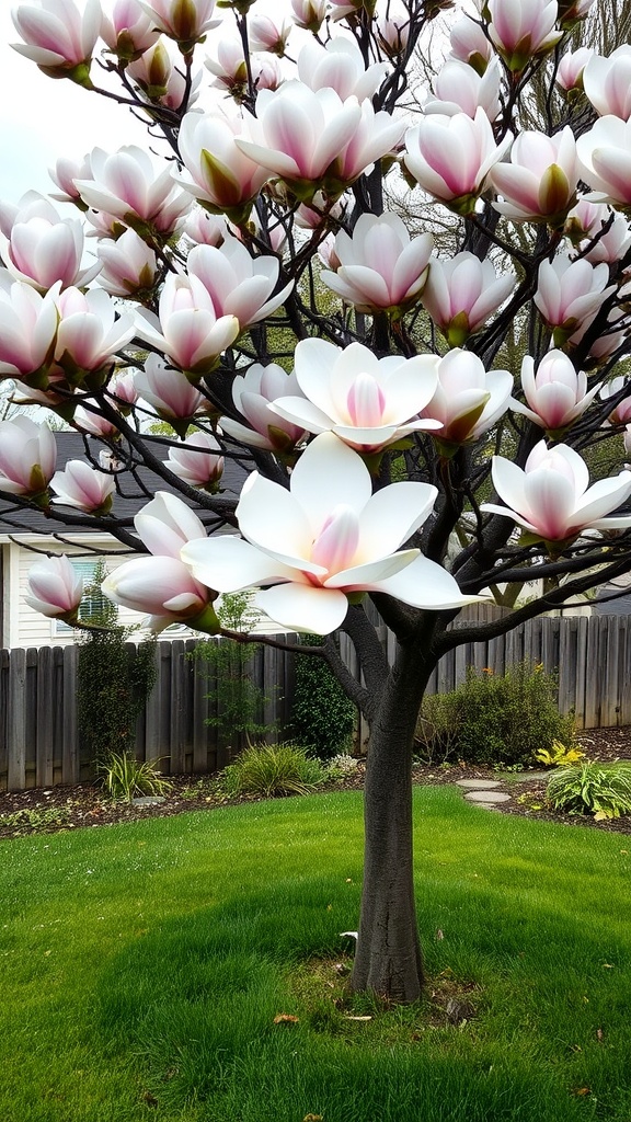 A blooming magnolia tree with large white and pink flowers in a backyard