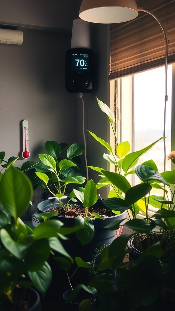 A cozy plant setup showing pothos plants, a thermometer reading 70°F, and a bright window.