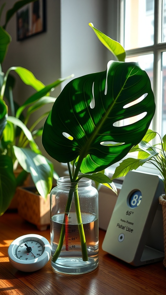 A Monstera cutting in a jar of water with a thermometer showing 65°F and a digital display showing 85°F