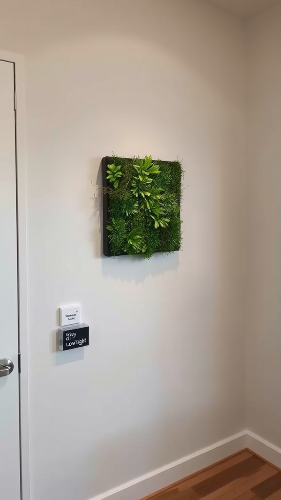 A stylish moss wall art piece featuring green moss and plants mounted on a wall.