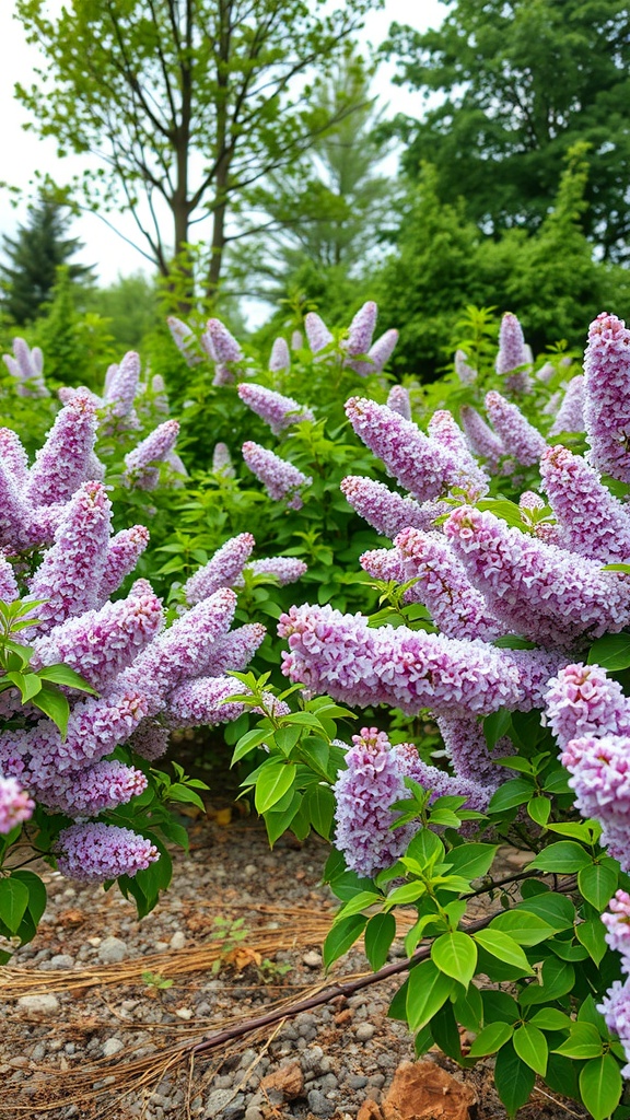 A lush display of blooming lilac bushes featuring vibrant purple flowers against green leaves.