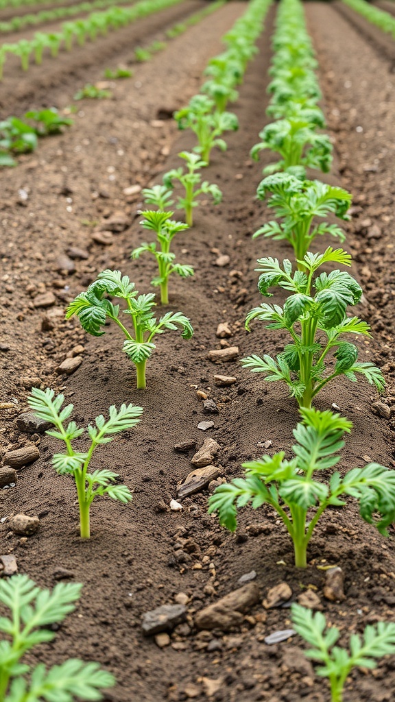 Young carrot plants growing in neat rows in soil.