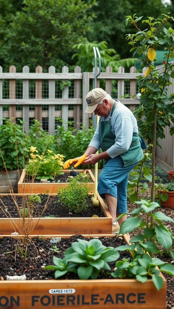 A gardener working in raised garden beds with plants and soil