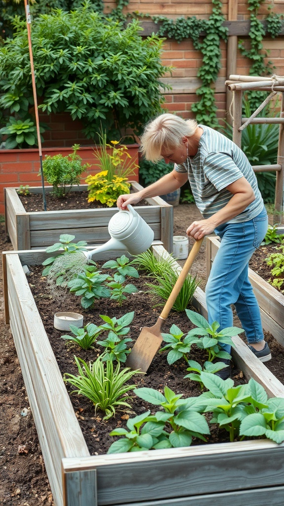 A person watering a raised garden bed with various plants and using a shovel in the garden.