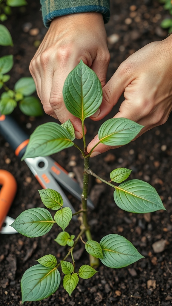 Hands making a clean cut below a leaf node of a Money Tree cutting