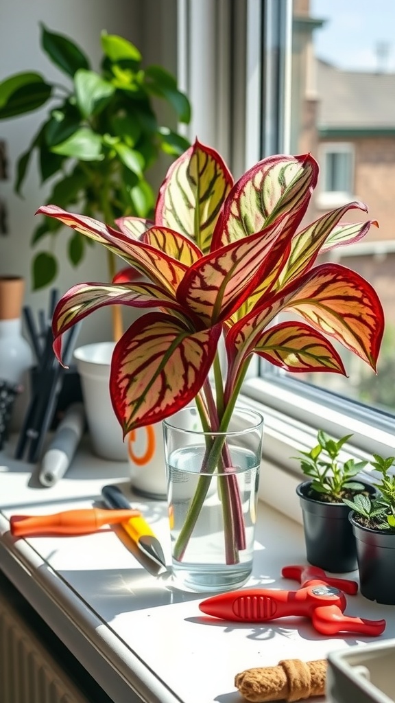 A Maranta (Prayer Plant) cutting in water on a windowsill, with gardening tools and small pots nearby.