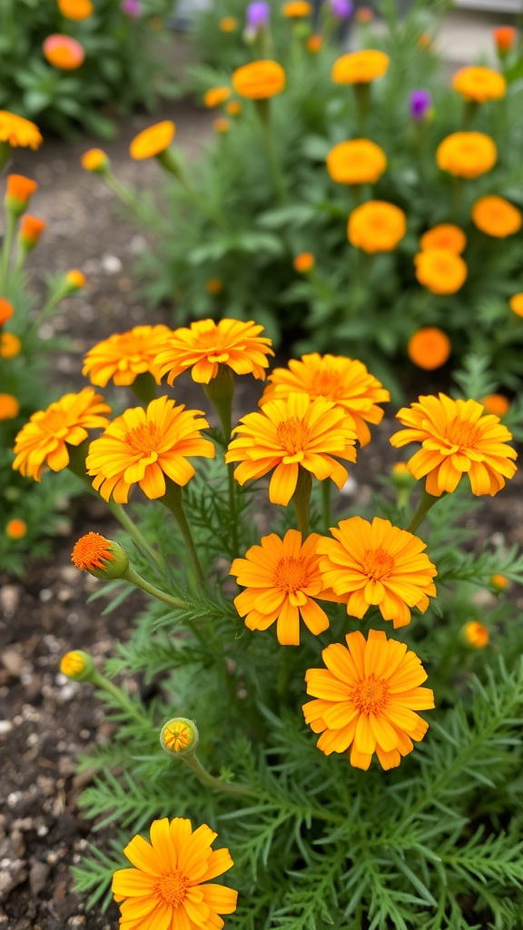 Colorful marigold flowers with green leaves in a garden