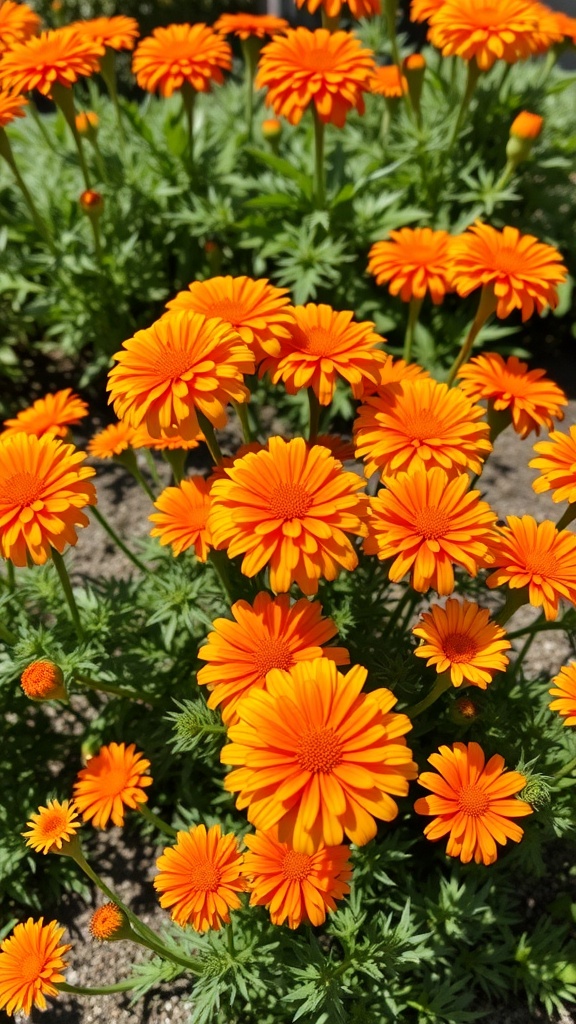 A vibrant display of orange marigold flowers in full bloom