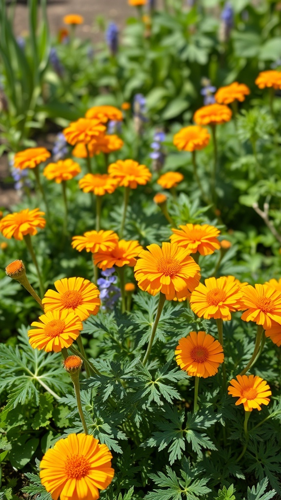 A vibrant display of marigolds in a garden, showcasing their bright orange flowers.