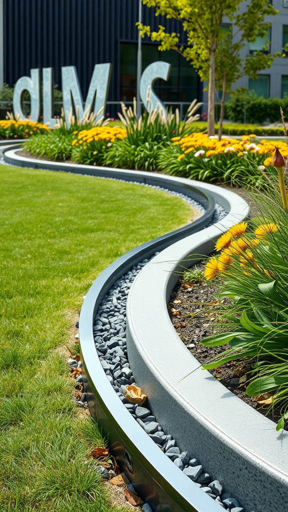 Curved metal landscape edging surrounding vibrant flower beds and a green lawn