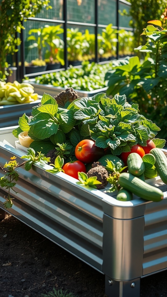 A metal raised garden bed filled with various vegetables and herbs, showcasing a lush and productive garden.