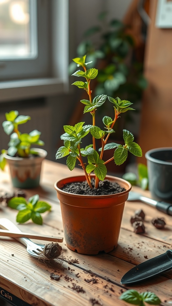 A close-up of a mint plant in a pot, with gardening tools scattered around.