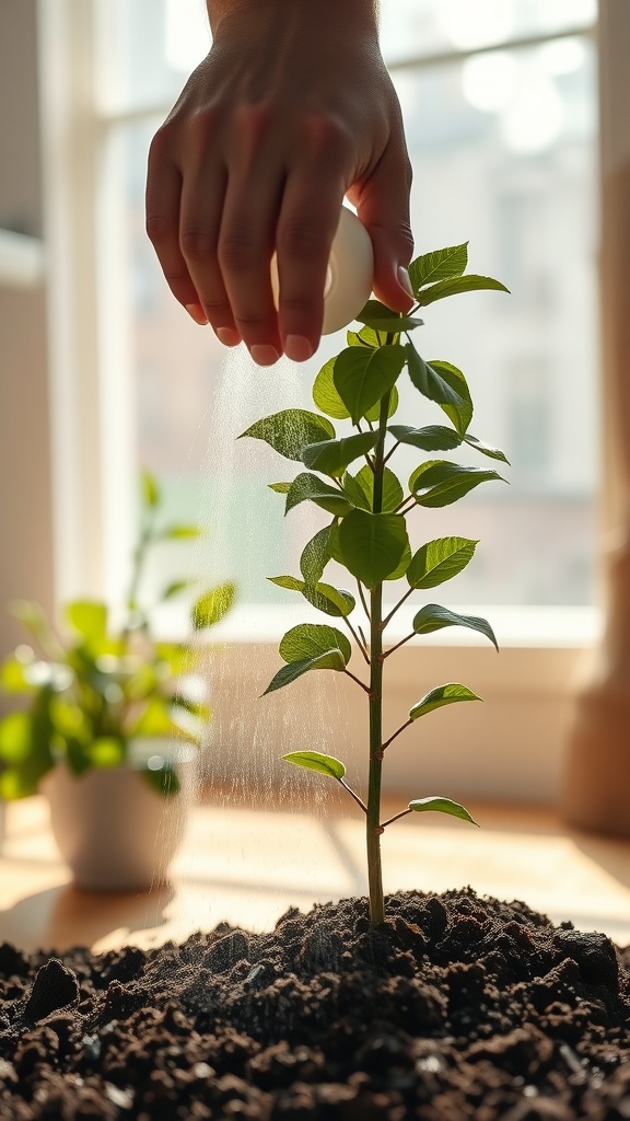 A hand misting a young Chinese Money Tree cutting with a spray bottle, surrounded by other plants.