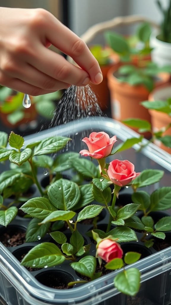 A hand misting small rose plants in a container to maintain humidity