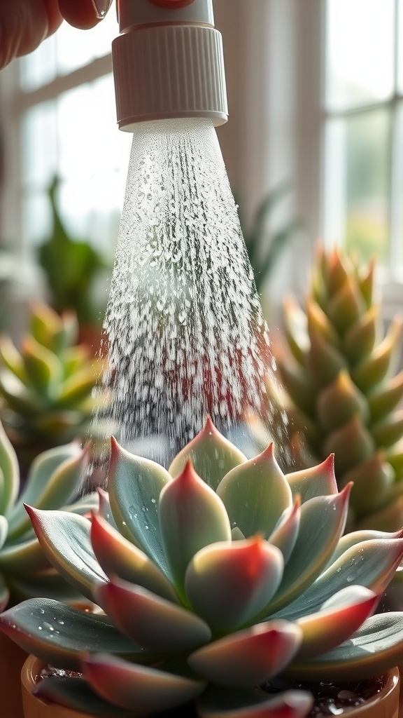 A hand misting a succulent with a spray bottle, creating a fine mist over the plant.