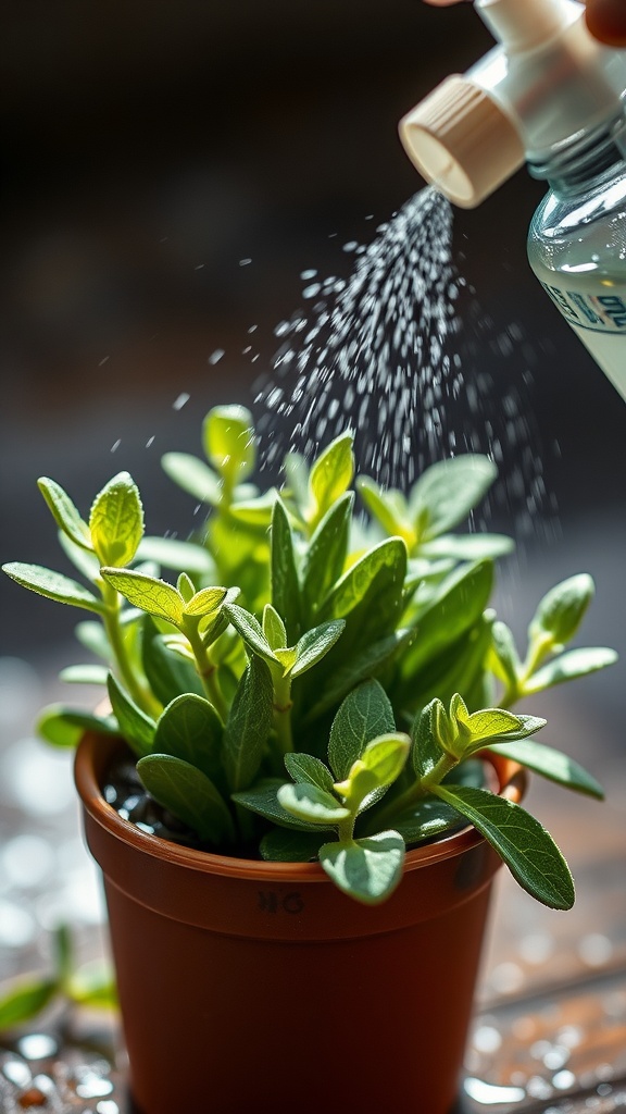 A hand spraying mist on a healthy sage plant in a pot