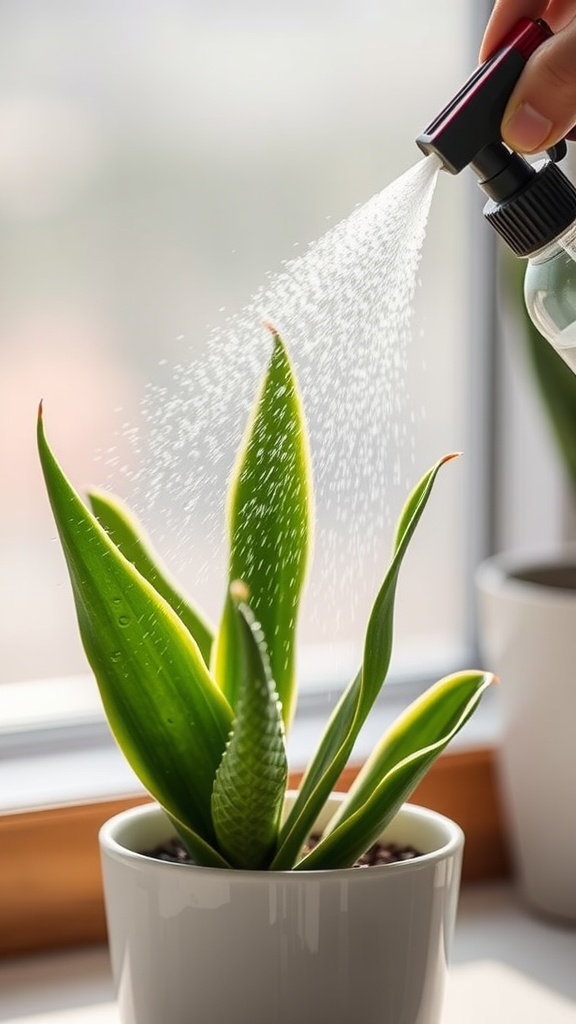 A person misting a snake plant to maintain humidity.