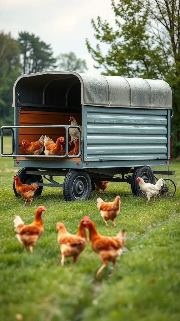 A mobile chicken tractor with chickens outside in a grassy area.