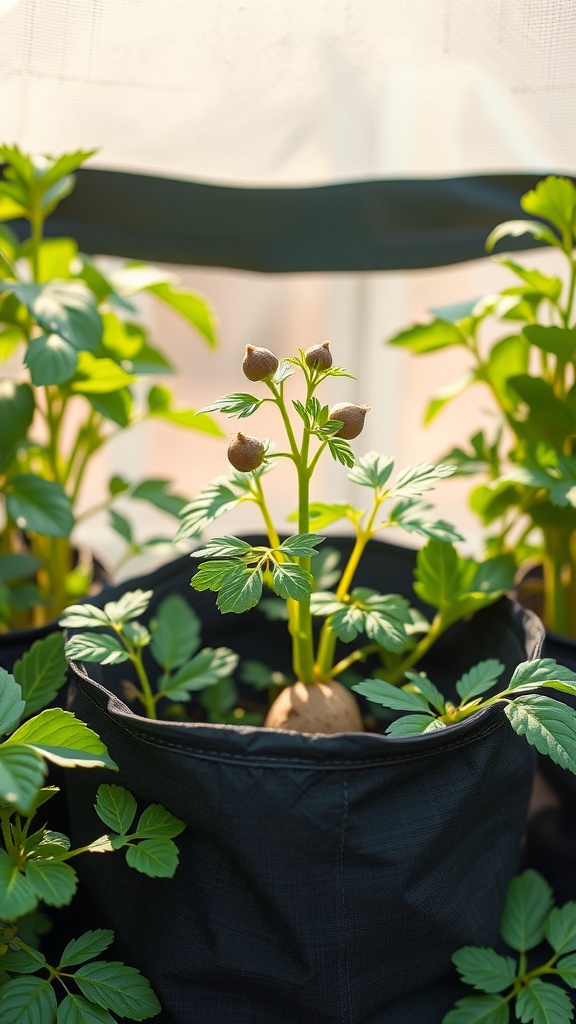 Healthy potato plants growing in a black container with visible potato.