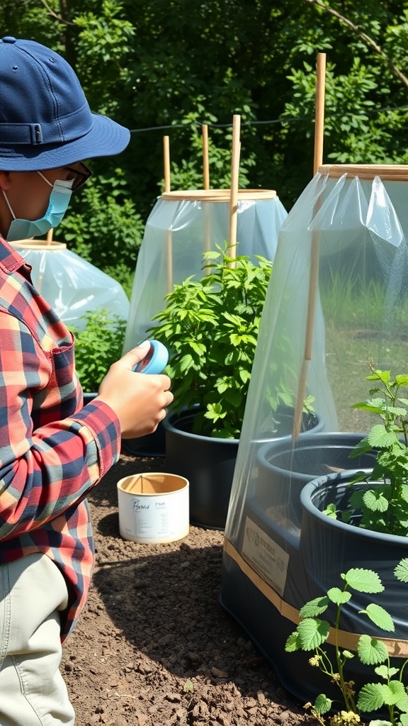 A person monitoring plants in grow bags with protective covers, ensuring optimal growth conditions.