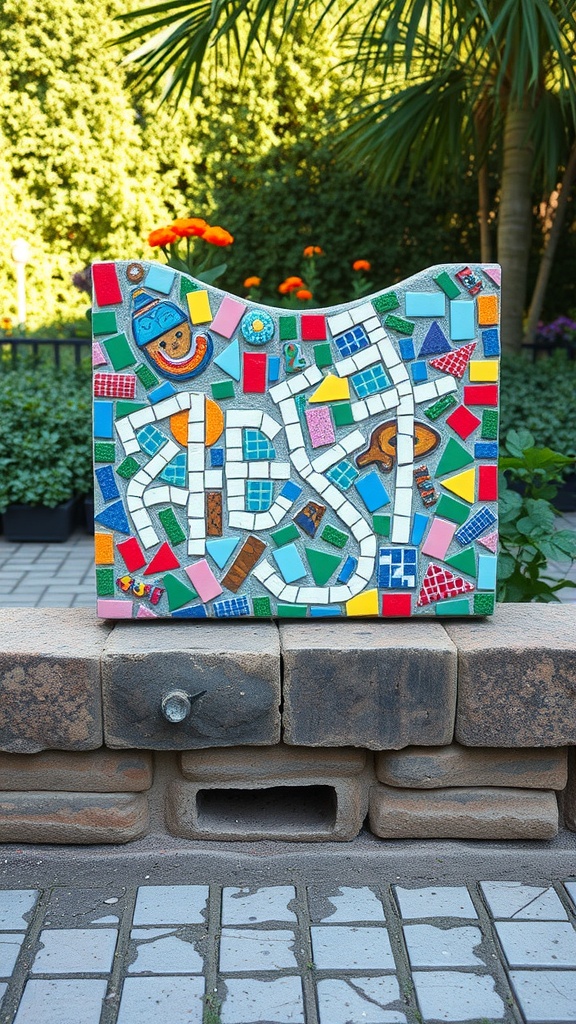 Colorful mosaic art display on a cinder block base in a garden setting