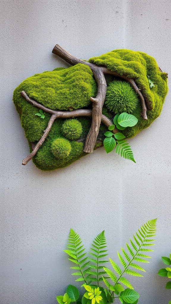 A creative wall art piece featuring moss and ferns, showcasing vibrant greens and natural elements.