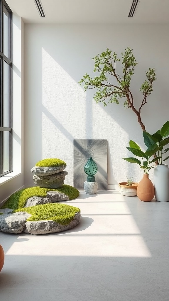 A zen-inspired space featuring moss on stones, a small tree, and potted plants.