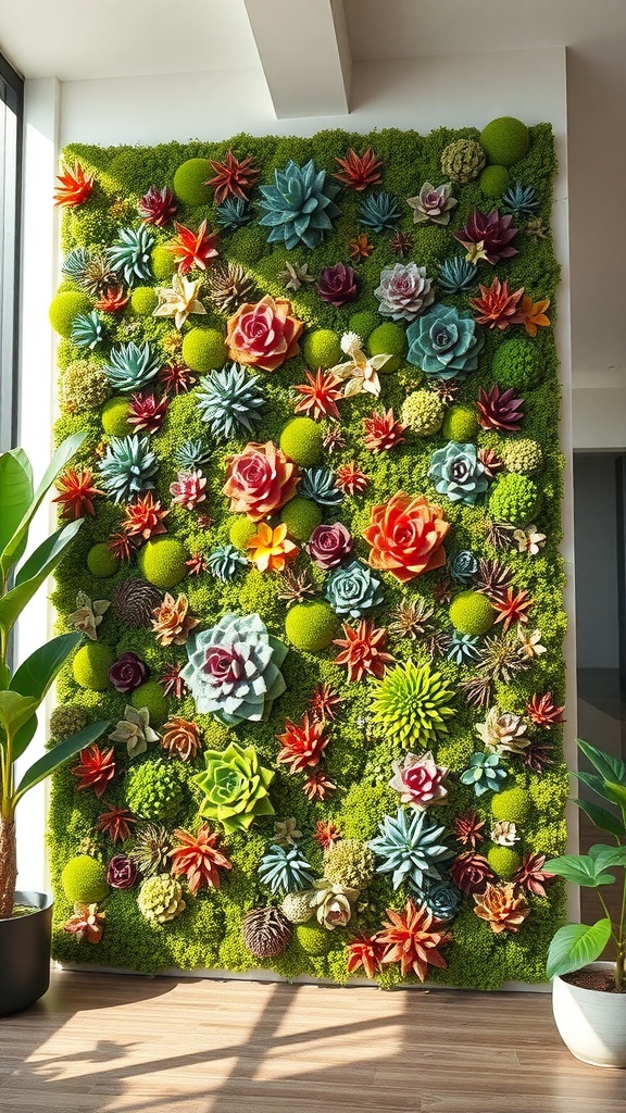 A vibrant living wall featuring a mix of colorful succulents and lush green moss.