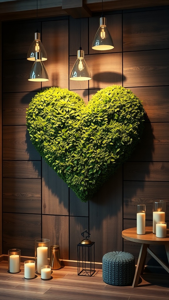 Heart-shaped moss wall art on a wooden wall with pendant lights and candles around it.