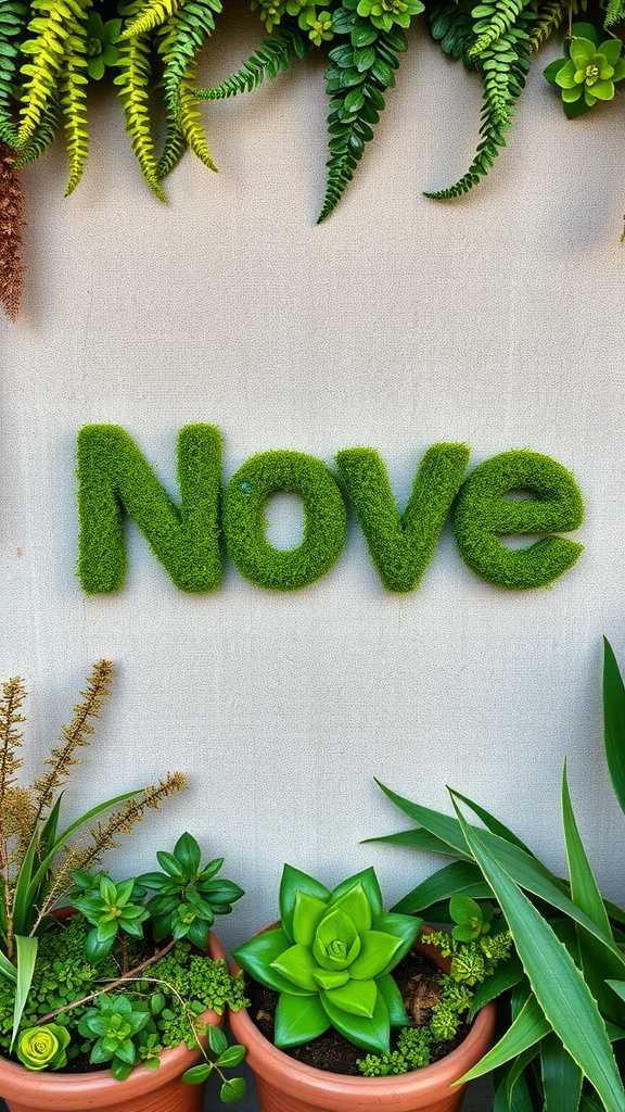 Moss initials spelling 'Nove' surrounded by various plants