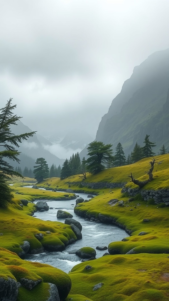 A serene moss landscape with mountains, trees, and a winding river under a cloudy sky.