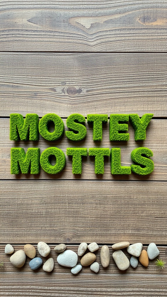 Moss letters spelling the words 'MOSTEY MOTTLS' on a wooden surface with small stones below.