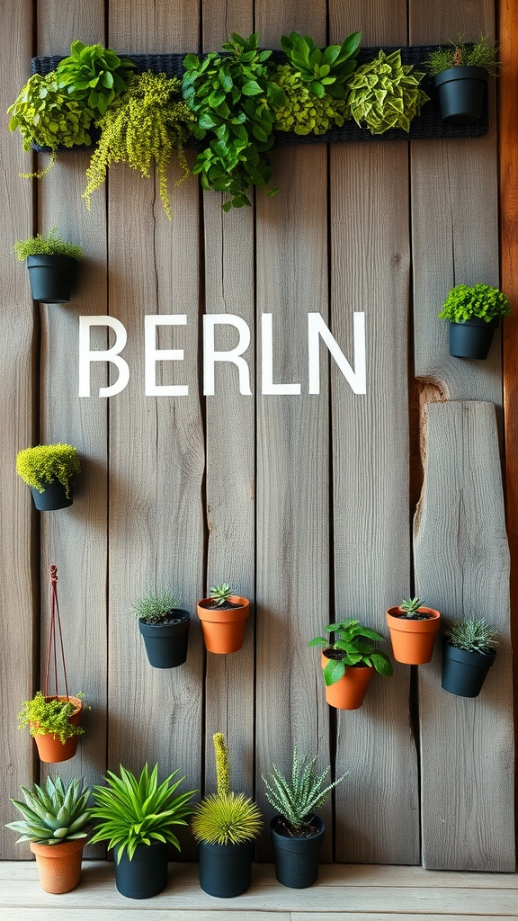 Wooden wall with small pots of greenery arranged in an artistic display