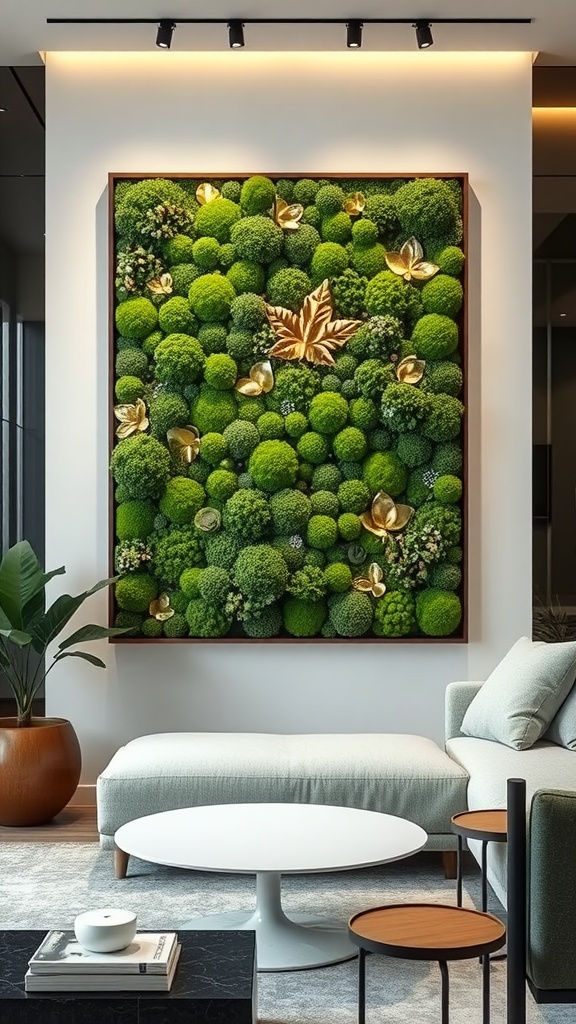 Moss wall art featuring lush green moss and gold leaf accents in a modern living room setting.