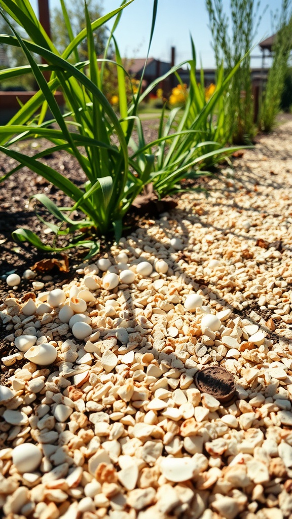 Crushed eggshells scattered on the ground beside green plants in a garden.